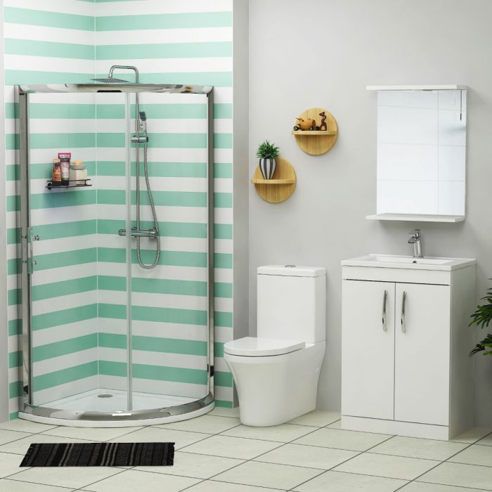 Single Door Quadrant Enclosure Suite With Aqua Close Coupled Toilet &amp; 600mm Vanity Unit Basin